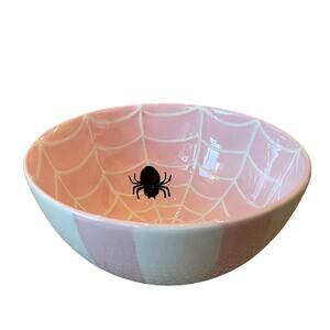 Pink & White Striped Spider Web Candy Bowl 10" Ceramic Chic Halloween Decor NEW